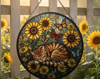 Atrapasueños de cristal con forma de gato durmiendo, adorno colgante para ventana con diseño de mariposa, decoración rústica para el hogar, regalo para amantes de los gatos.