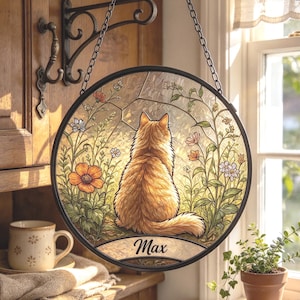 May include: A circular stained glass suncatcher featuring a fluffy orange cat sitting with its back to the viewer, surrounded by colorful flowers and greenery. The name Max is printed in a black script font on a banner at the bottom of the piece.