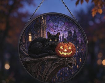 Atrapasueños de cristal con forma de calabaza y gato negro, decoración gótica de luna para Halloween, regalo espeluznante de otoño
