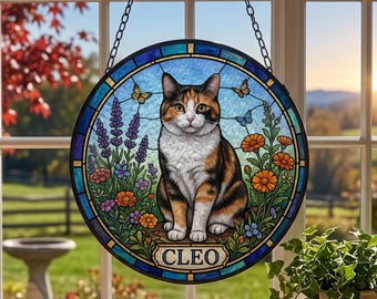 Custom Cat Memorial Glass Suncatcher, Personalized Pet Photo & Name Window Hanging,  Cat Loss  Gift