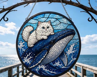Glas-Sonnenfänger „Katze reitet auf Wal“, lustige Dekoration mit Meeresmotiv, Geschenk für Katzenliebhaber