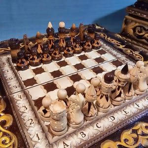 Luxury Handcrafted Wooden Chess and Backgammon Set with Storage Box Glass Top Covered Board Carved Chess Pieces Unique Gift for Him