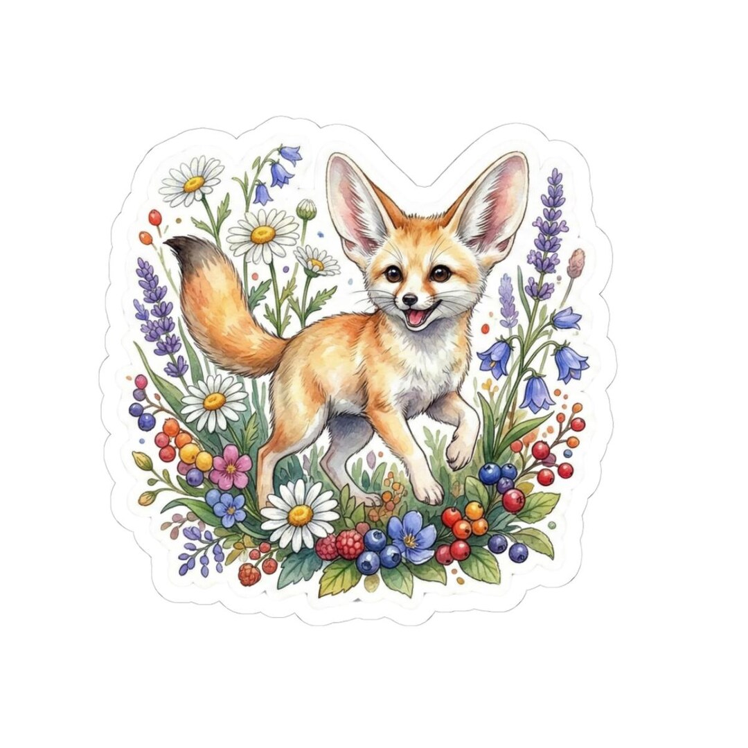 Watercolor Fennec Fox Sticker - Cute Floral Animal Vinyl Decal - Nature ...