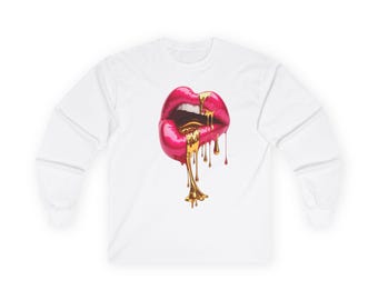 Camiseta de manga larga con labios dorados que gotean / Arte labial rosa, goteo metálico derretido