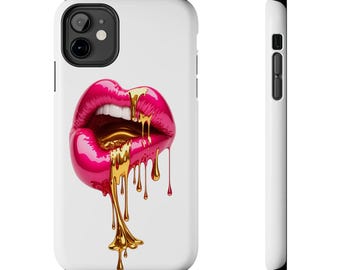 Funda para teléfono Golden Drip Lips / Arte labial rosa brillante, metalizado fundido