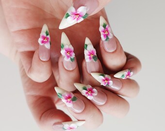 Cherry Blossom Press On Nails, 3D Flower Nails, Spring Almond Nails, Pink Floral Nails, Handmade Nails