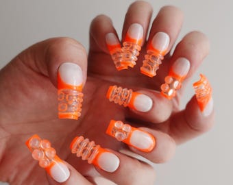 Neon Orange Press On Nails, Jelly French Tip Nails, 3D Bubble Nails, Y2K Nails, Funky Press On,Long Square Nails