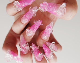 Pink Jelly Press On Nails, Transparent Nails, Anime Nails, Fantasy Bridal Nails, Fairycore Nails