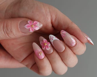 Pink Floral French Tip Press On Nails, 3D Flower Almond Nails, Pink Blossom Nails, Floral Almond Nails