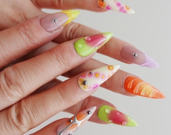 Cyber Y2K Press On Nails, Alien Airbrush Nails, Funky Neon Nails, Futuristic Chrome Nails, Handmade Stiletto Nails