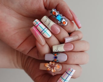 Y2K Plaid Press On Nails, Funky Gem Nails, 3D Flower Nails, Chrome Indie Nails, Colorful Handmade Press On