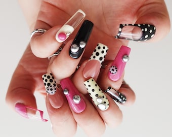 Pink Polka Dot Press On Nails | Black White French Tip Nails | Y2K Long Square Nails