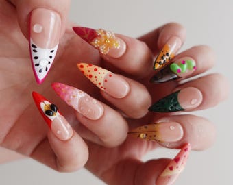 Y2K Summer Press On Nails, Colorful Stiletto Nails, Funky 3D Flower Nails
