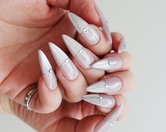 Silver Chrome Stiletto Nails/Silver Cat Eye Nails/Futuristic Nails/Chrome Press On Nails/Metallic Nails