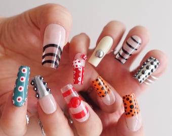 Abstract Press On Nails, Colorful Polka Dot Nails, Funky Retro Nails, Mixed Pattern Nails, Y2K Statement Nails