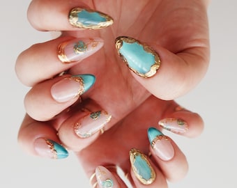 Teal Cat Eye Press On Nails, Almond Press On Nails, Gold Chrome Nails, Handmade Gel Nails
