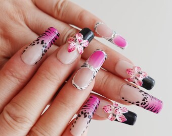 Black French Tip Nails, 3D Flower Nails, Pink Zebra Press On Nails, Y2K Coffin Nails,Long Square Nails