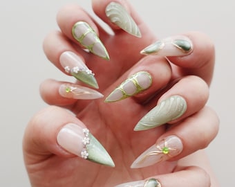 Sage Green Cat Eye Press On Nails | Green Aura Chrome Nails | Abstract Floral Nails | Almond Press On Nails