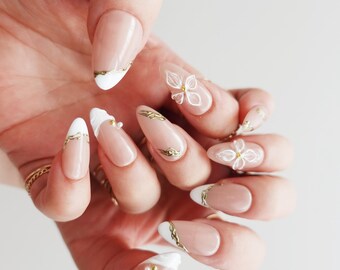 Elegant French Tip Nails, Bridal Press On Nails, 3D Floral Nails, Nude Almond Nails, Flower Press On Nails
