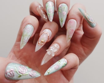 Vintage Rose Press On Nails, Romantic Flower Nails, Sage Green Cat Eye Nails, Floral Press On Nails, Handmade Press On