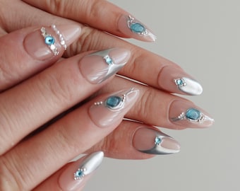 Blue Cat Eye Press On Nails, Silver Almond Nails, Metallic Press On Nails, Handmade Press On Nails