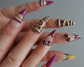 Birthday Pink Leopard Press On Nails, Gold Chrome Stiletto Nails, Luxury Press Ons, Y2K Maximalist Nails
