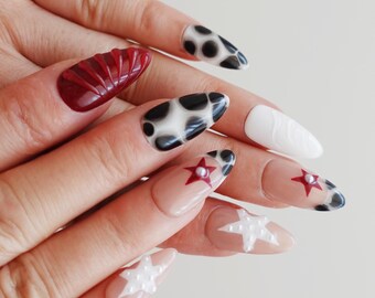 Y2K Cow Print Press On Nails, Red Jelly Nails, Star Nails, Funky Almond Nails