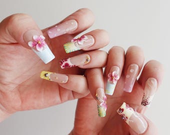 Tropical Flower Press On Nails, Pink Floral Nails, Beach Nails, Summer Vacation Nails, Colorful Flower Nails,Long Square Nails