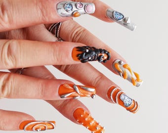 Orange Chrome Press On Nails | Silver Aura Nails | Funky 3D Nails | Futuristic Nails | Long Square Nails