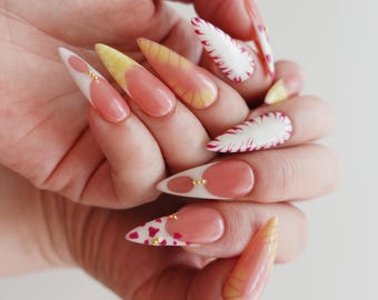 Pink French Tip Press On Nails | Abstract Swirl Nails | Tropical Summer Nails | Almond Nails
