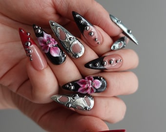 Chrome Stiletto Press On Nails/Gothic Floral Nails/Y2K Nails/3D Flower Press Ons/Black Chrome Nails