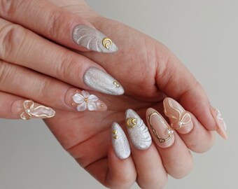 Wedding Cat Eye Press On Nails, Silver Chrome Nails, 3D Flower Nails, Celestial Moon Nails, Pearl Nails