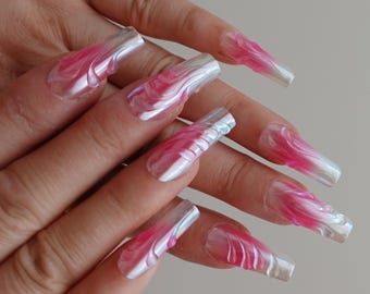 Pink Chrome Press On Nails, Jelly Pink Nails, Aura Chrome Nails, Silver Chrome Nails, Long Coffin Nails