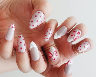 Polka Dot Almond Nails, Pink Flower Press On Nails, 3D Flower Nails, Cute Floral Nails