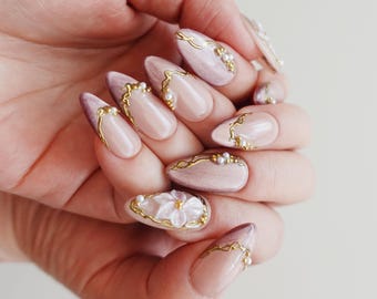 Pink Cat Eye Nails, Gold Chrome Nails, Pearl Nails, Almond Press On Nails, 3D Flower Nails