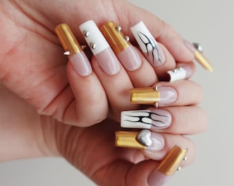 Gold Chrome Press On Nails | Y2K Flame Nails | Metallic Aura Nails | Long Square Nails | French Tip Nails