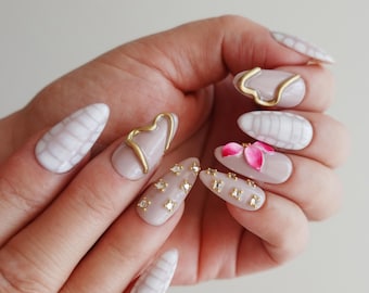 Floral Press On Nails, Gold Heart Nails, Pink Almond Nails, Elegant Bridal Nails, Handmade Gel Nails