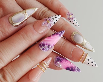Purple Cat Eye Nails | Polka Dot Press On Nails | Floral Stiletto Nails | 3D Flower Nails