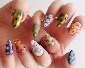 Aura Dot Press On Nails, Retro Airbrush Nails, Abstract Colorful Nails, Y2K Funky Nails, Handmade Almond Press Ons