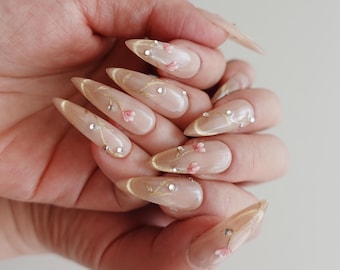 Gold Cat Eye Press On Nails, Pink Floral Almond Nails, Soft Glam Bridal Nails, Nude Gold Nails, Handmade Gel Nails