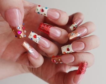Y2K Press On Nails, Rhinestone French Tip Nails, Funky Star Nails, Colorful Red Nails,cute press on nails,Long Square Nails