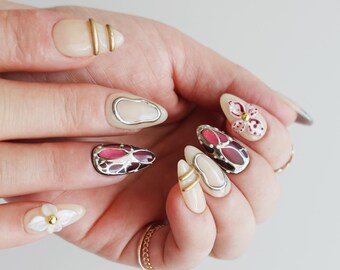 Luxury Neutral Almond Nails, Burgundy Press On Nails, Floral Chrome Cat Eye Nails