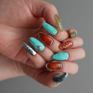 Teal Chrome Press On Nails, Metallic Mix Nail Set, Abstract Green Brown Nails, Handmade Almond Nails, Unique Statement Nails