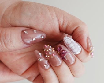 Soft Glam Wedding Nails, Pink Bridal Press On Nails, Elegant Bridal Nails, Pearl Butterfly Nails, Handmade Press On
