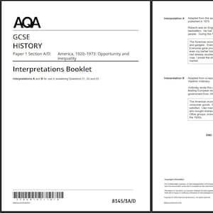 Könnte beinhalten: AQA GCSE Geschichte Interpretationsheft, Papier 1 Abschnitt A/D, das sich mit Amerika, 1920-1973: Chancen und Ungleichheit befasst. Das Heft enthält Interpretationen und Text, zusammen mit einem Barcode und einer Dokumentennummer.