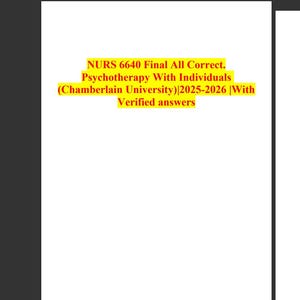 Op de afbeelding: Twee witte pagina's met tekst. De linkerpagina heeft de gele titel "NURS 6640 Final All Correct. Psychotherapy With Individuals (Chamberlain University) 2025-2026 With Verified answers". De rechterpagina bevat examenvragen en antwoorden.