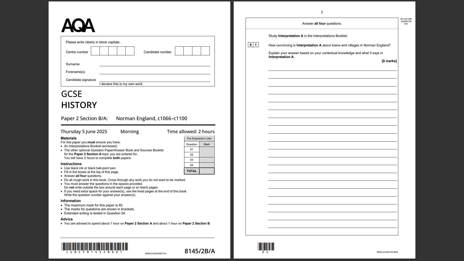 AQA GCSE HISTORY Complete Set Question Papers With Mark Schemes 2025 ...
