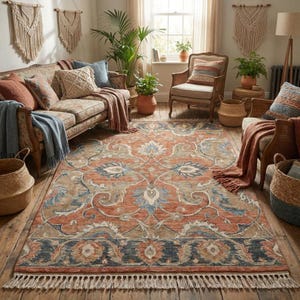 May include: A large, rectangular rug with a detailed floral design in rust, blue, and beige. The rug has a fringed border and is laid on a wooden floor. The room's decor is warm and inviting, with a matching colour scheme.