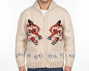 Cárdigan Hail Project, cárdigan de lana con cuello chal para hombre, cárdigan de punto a mano con diseño de lobo, suéter de lana con cremallera, prendas de punto de invierno para hombre