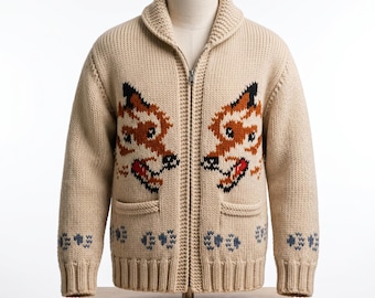 Cárdigan Hail Project, cárdigan de lana con cuello chal para hombre, cárdigan de punto a mano con diseño de lobo, suéter de lana con cremallera, prendas de punto de invierno para hombre